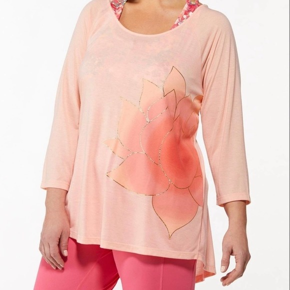 CATO Active womens sz 26/28W activewear top floral peach 3/4 sleeves cutout back - Picture 13 of 14